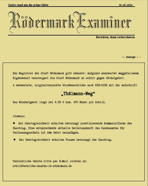 Thälmann-Weg in Rödermark. Ungebrauchte Schilder zum Thälmann-Weg abzugeben. Newspaper anklicken.